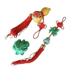 Chinese Decor Lot Gourd w Tassels Lucky Jade Frog Knot accent